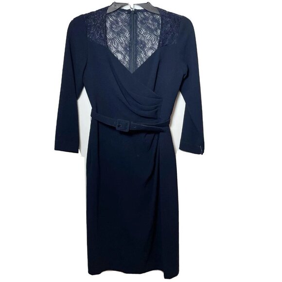 Teri Jon Dresses & Skirts - Rickie Freeman Teri Jon Women Vtg 3/4 Sleeve Lace Dress Blue 2 Wrap Belt Zip 90s